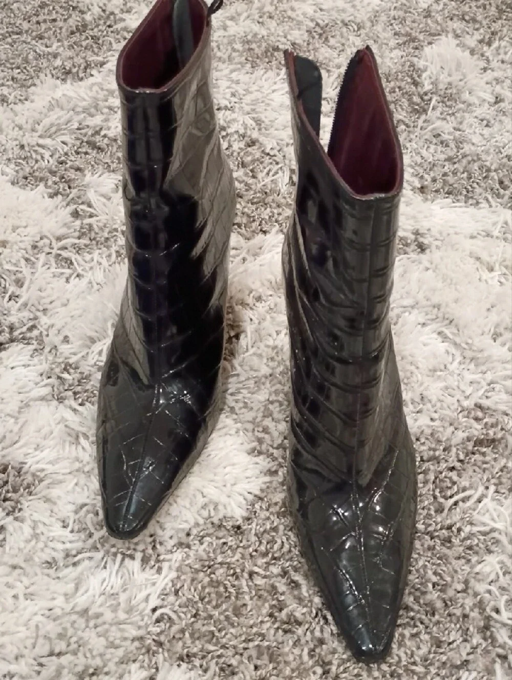 H&M Black Croc-Embossed Pointed Ankle Booties with Burgundy Lining